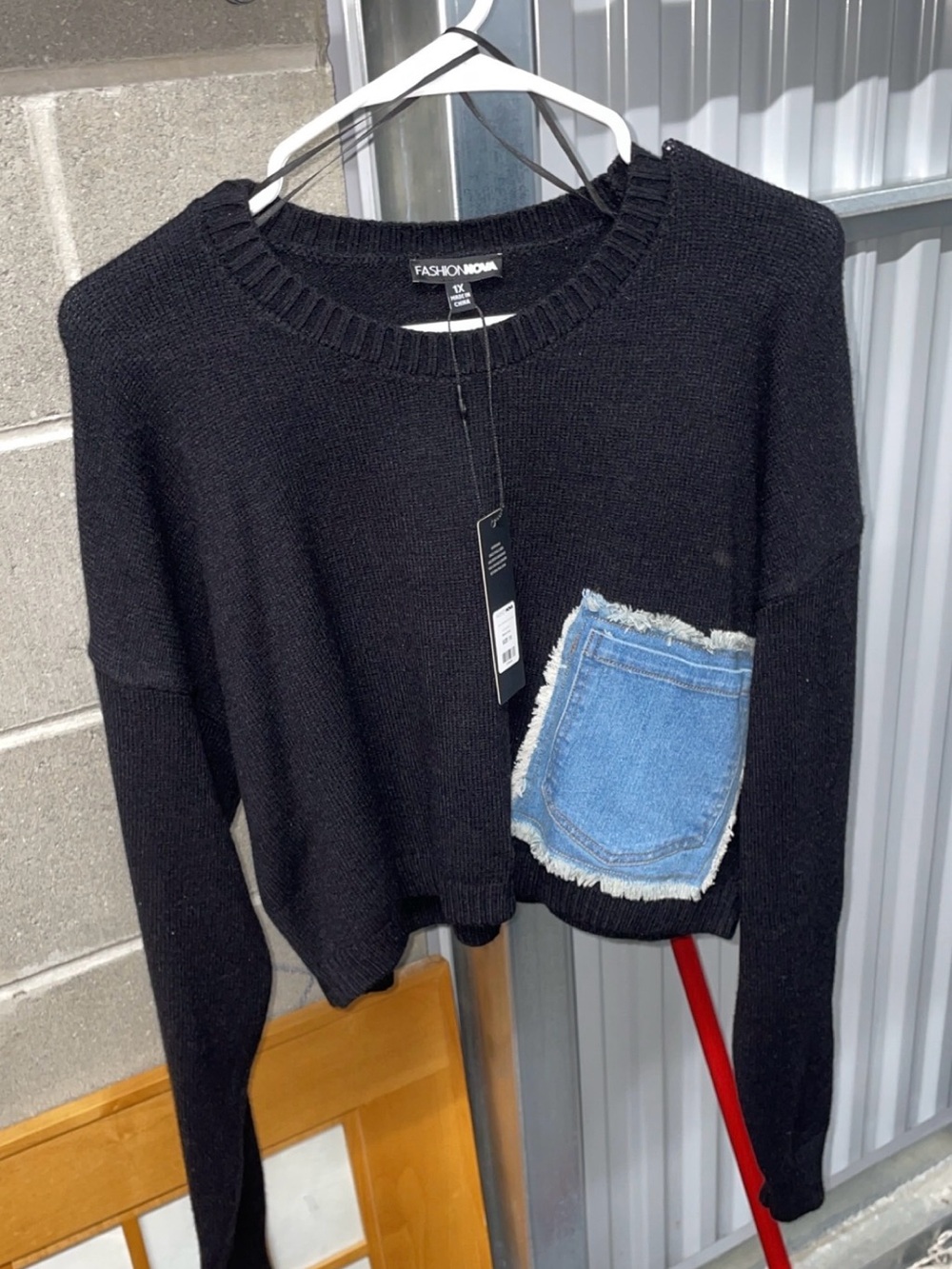 Fashion Nova Black Cropped Sweater with Blue Denim Patch Pocket